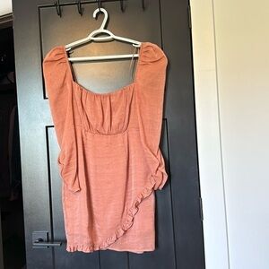 ASTR Shimmer Peach Ruched Bust Bubble Sleeve Mini Dress Square Neck Chiffon